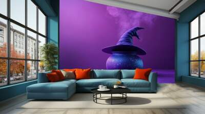 Halloween Background in minimal concept. Cauldron bubbling, pastel purple, flat design illustration, No logo, No Trademark, No text, minimal concept with copy space for stock photo Wall mural