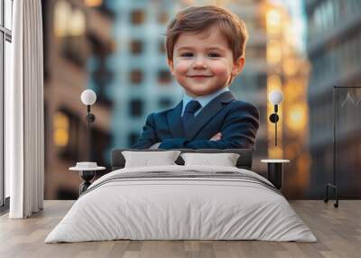 Little kid businessman with arms crossed standing outdoor Wall mural