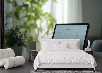 Minimal AI-powered task management app open on a tablet, soft natural light, large blank space surrounding the scene, copy space for stock photo with minimal concept, No logo, No Trademark, No text Wall mural