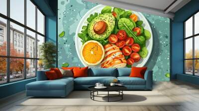 Realistic illustration of a keto diet plate featuring low-carb meals with avocado, grilled chicken, and greens. The minimal style highlights the high-fat, low-carb nutrition essential for weight Wall mural