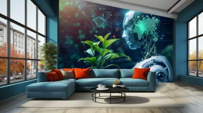 Robot hand with plants, Green technology and Environmental technology. Wall mural