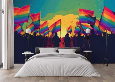 Simplified vector artwork of a Pride march with participants holding rainbow flags and advocating for LGBTQ+ rights and gender equality, using bold, simplified shapes and vibrant colors to emphasize Wall mural