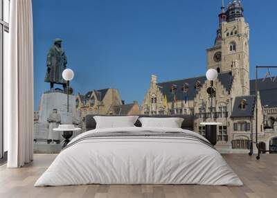 Market square in Diksmuide Belgium with town hall Wall mural