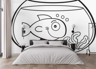 Black and white illustration of a fish in a fish bowl. Wall mural