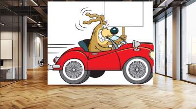 Cartoon illustration of a dog driving a convertible sports car with wire wheels while holding a sign. Wall mural