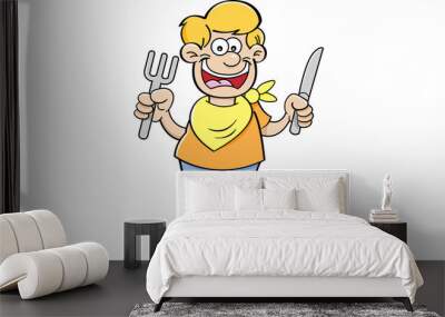 cartoon illustration of a hungry boy holding a knife and fork. Wall mural