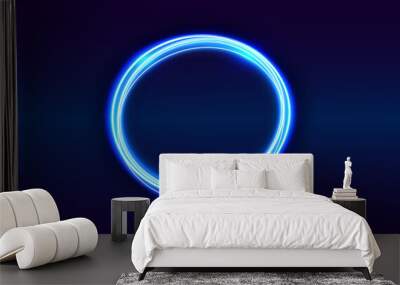 Circle neon light effect isolated on dark background, round light lines in blue neon color. Abstract background for science, futuristic, energy, techno Wall mural