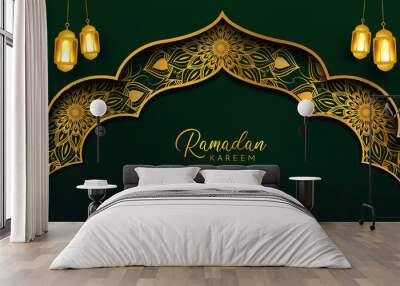 eid mubarak background in luxury style. vector illustration of dark green arabic design with gold la Wall mural