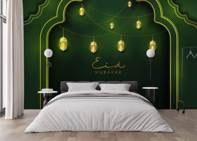 Eid mubarak background in luxury style. Vector illustration of dark green islamic design with gold lantern or fanoos for Islamic holy month celebrations. Islamic holiday festival celebration Wall mural