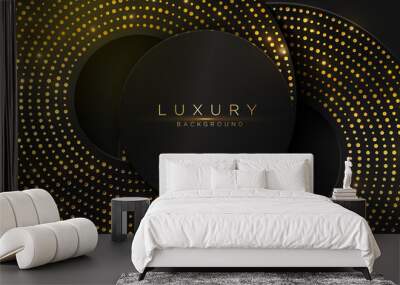 Luxury elegant background with shiny gold circle element and dots particle on dark black metal surface. Elegant cover template Wall mural