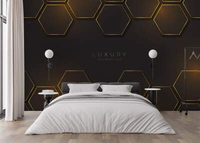 Modern black and gold background textured with abstract hexagon pattern Wall mural