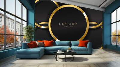 Realistic background with shiny gold ring shape. Vector golden circle shape on black surface Graphic design element. Luxurious Elegant template Wall mural