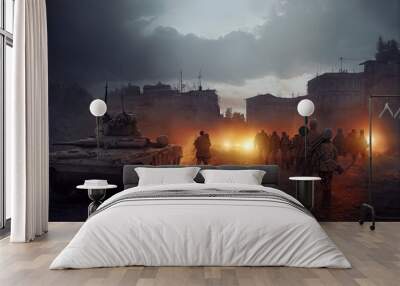 A tank and an army of soldiers fighting in the battlefield of a world war at dawn, explosion and soldiers fighting in the battle of a war on a world scale. 3D rendering. Wall mural