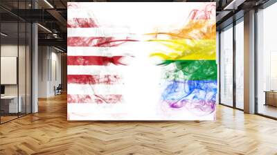 American flag and rainbow flag in smoke shape on white. Concept of conflict and LGBT rights. America VS LGBT community metaphor. Tension and crisis for civil right and gay pride. 3D illustration Wall mural