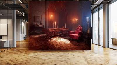 An antique vampire castle is set in an elegant Victorian living room for adventure games. Castle of Dracula vampire of Transylvania. 3D illustration and Halloween theme and horror background. Wall mural