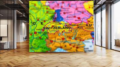 Bern in Switzerland pinned on colorful political map of Europe. Geopolitical school atlas. Tilt shift effect. Wall mural