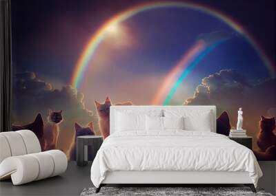 Dogs and cats live afterlife in a heavenly paradise where they play and run around in a beautiful, rainbow-covered fairy garden for eternity, enjoying ethereal clouds, nice sunshine, life after death. Wall mural