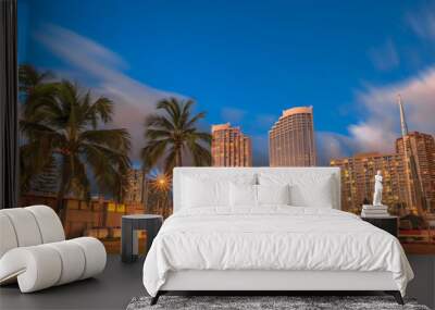 Luxurious hotels overlooking the Ala Wai Harbor at twilight and the light trails in Honolulu, Oahu, Hawaii. Wall mural