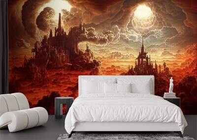 Reign of hell surrounded by fire with castle and hellish city. Ascending to heaven gates from hell with clouds and light. Religion concept of heaven and hell. 3D illustration and Halloween theme. Wall mural