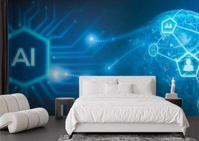 Artificial intelligence banner. Technology web background. Virtual concept human face blue technology hologram. Machine learning cognitive sciences concept Wall mural