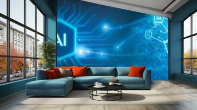 Artificial intelligence banner. Technology web background. Virtual concept human face blue technology hologram. Machine learning cognitive sciences concept Wall mural