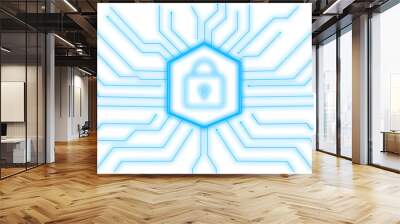 Cybersecurity overlay transparent background. Blue padlock with connections and wires around for technology concept. Encrypted password vault without background for compositing Wall mural