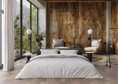 A minimalist living room with wooden furniture and white walls, featuring an empty wall mockup. The scene includes two chairs in front of the blank canvas on one side of the wood paneling wall Wall mural