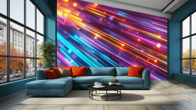 Abstract background with colorful light rays and laser beams, glowing lines in motion blur on dark backdrop. Concept of futuristic technology or digital design. Abstract neon background. Wall mural