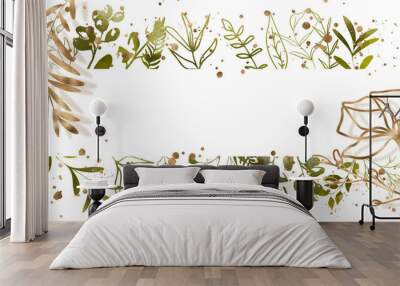 Watercolor green plants with leaves and golden grasses. Background with floral elements, botanical watercolor illustration with gold splashes.Design background. Wall mural