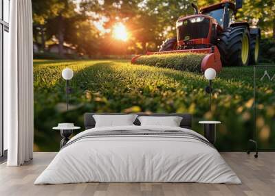 Tractor Mowing Lawn at Sunset Wall mural