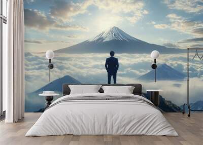 富士山を見つめる日本のビジネスマンのシルエット Wall mural