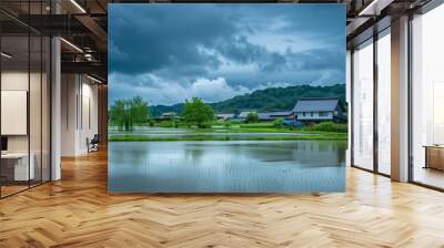 雨に打たれる田園風景 梅雨 Wall mural