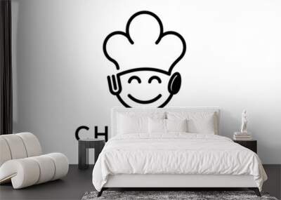 Chef Kid's cooking logo. illustration of kid with a fork and spoon. vector line icon template Wall mural