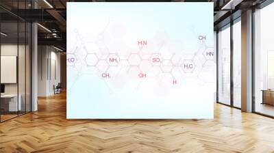 Abstract chemistry pattern on soft blue background with chemical formulas and molecular structures. Template design with concept and idea for science and innovation technology. Wall mural