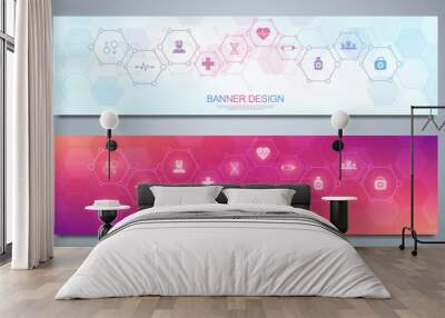 Banners design template for healthcare and medical decoration with flat icons and symbols. Science, medicine and innovation technology concept. Wall mural