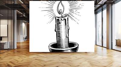 Burning candle. Ink black and white drawing Wall mural