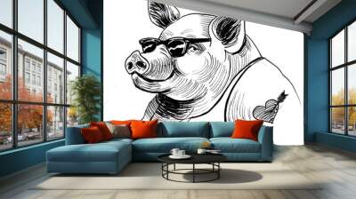 Cool pig in sunglasses. Black and white ink illustration Wall mural