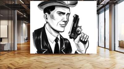 Gangster with a gun. Ink black and white drawing Wall mural