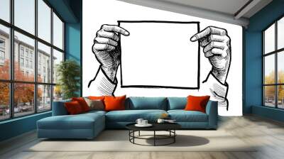 Hands holding blank sign. Ink black and white drawing Wall mural