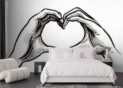 hands making heart. ink black and white illustration Wall mural