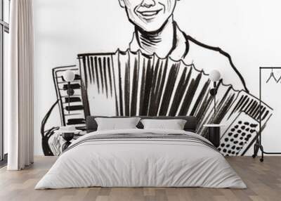 Musician playing an accordion. Ink black and white illustration Wall mural