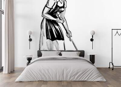 Pretty woman sweeping floor. Ink black and white drawing Wall mural