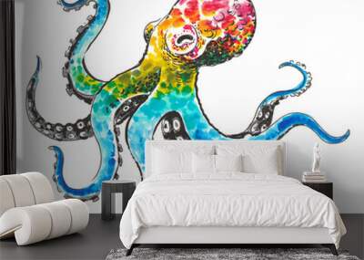 Rainbow colored octopus. Ink and watercolor illustration Wall mural