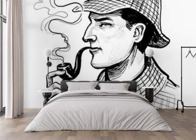 Sherlock Holmes smoking a pipe. Ink black and white drawing Wall mural