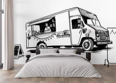 Vintage retro American truck. Ink black and white sketch Wall mural