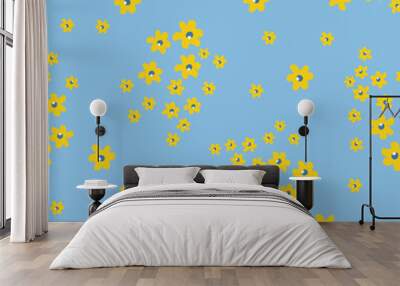 Vector seamless pattern with small yellow flowers on light blue backdrop. Liberty style millefleurs in the color of the Ukrainian flag. Simple floral background. Ditsy patterns for decor, textile Wall mural