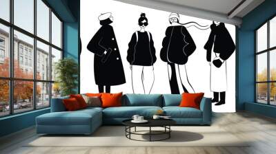 Group of stylish women and men in trendy spring or fall outfits. Hand drawn young people character set. Modern fashionable street style girls and guys. Vector black and white color illustration. Wall mural