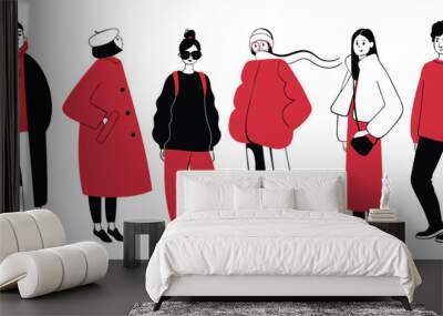 Group of stylish women and men in trendy spring or fall outfits. Hand drawn young people character set. Modern fashionable street style girls and guys. Vector red and black color illustration. Wall mural