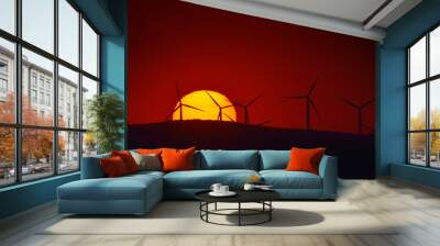 beautiful sunset with wind turbines silhouettes on the hill in s Wall mural