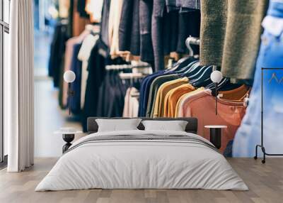 Interior of fashion clothes store with different women clothes on hangers in various colors. Wall mural